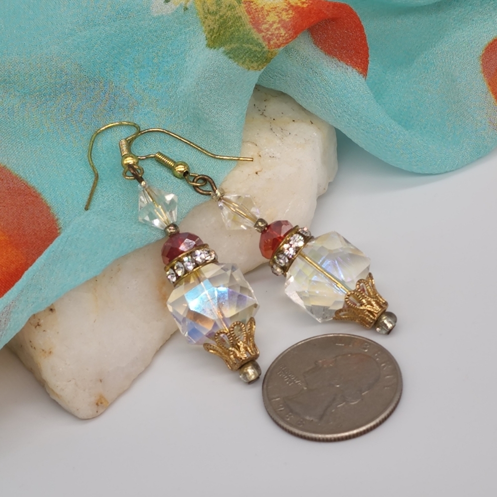 ❤️ Vintage Jewelry Red Cristals Rainbow White European Crystals Gold Earrings - Picture 6 of 8